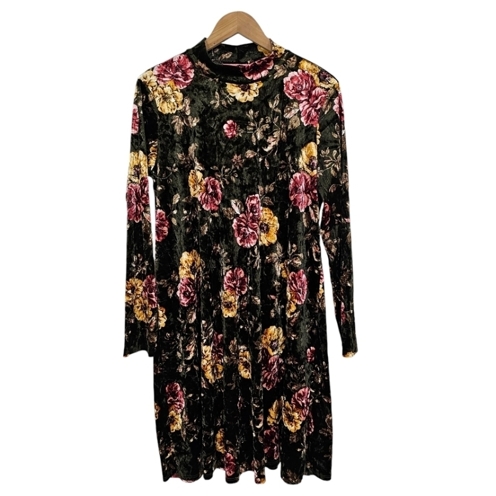 Paolino Floral Crushed Velvet Shift Dress Sz Large Green Fall Fashion Whimsigoth